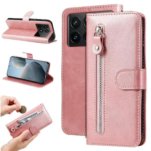 Funda con Cremallera para Xiaomi Poco F6 Pro, Carcasa Cartera de Cuero PU con Soporte y Tarjetero