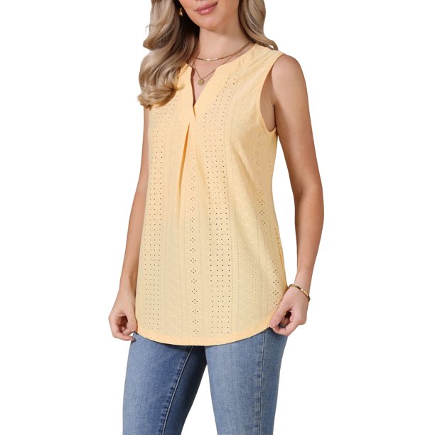 INSPIRE CHIC Camiseta de Verano para Mujer con Bordado de Ojales Sin Mangas Cuello en V Ajuste Suelto Ropa de Trabajo Casual 2XL Amarillo
