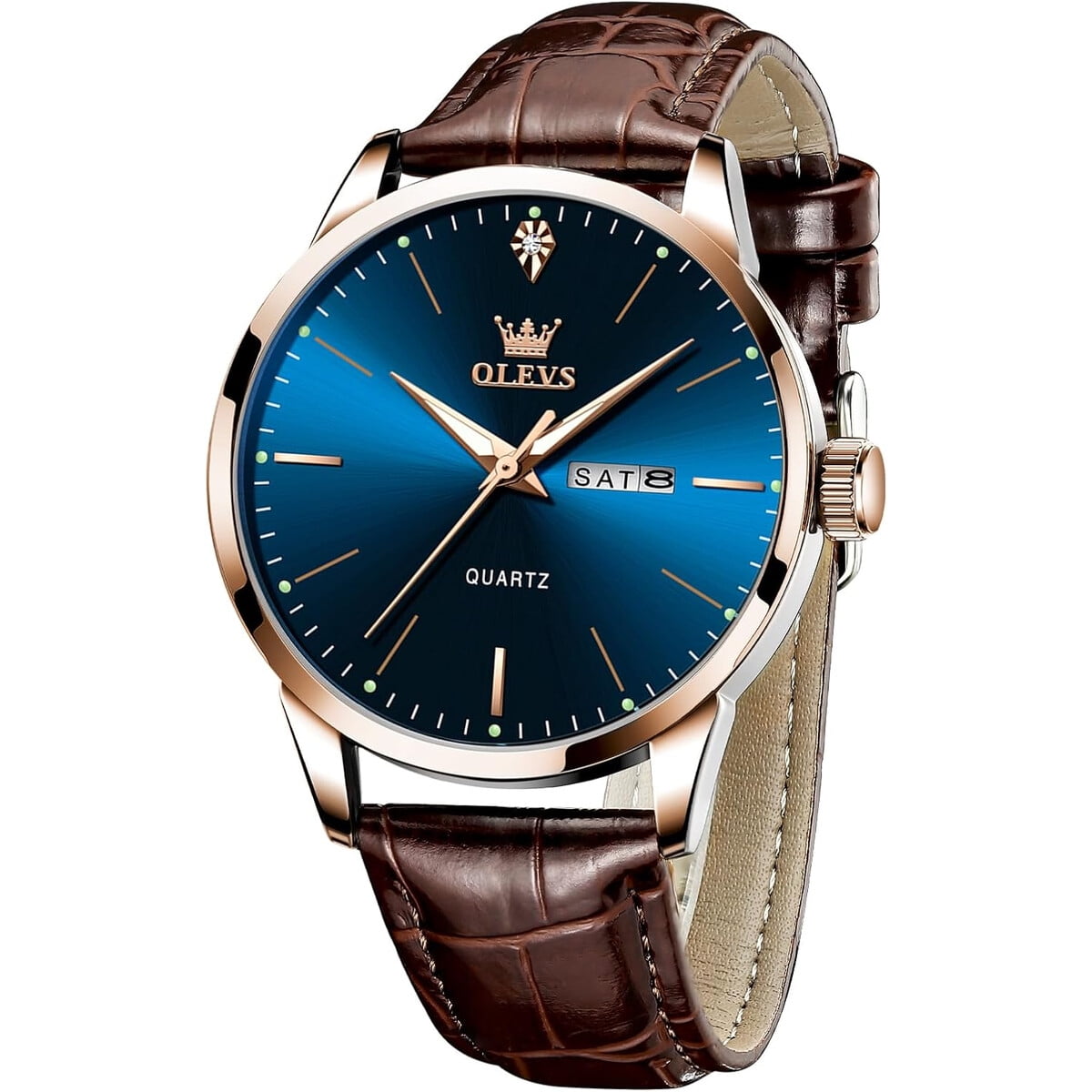 Reloj Hombre Olevs Cuarzo Azul Correa Cuero Marrón Impermeable