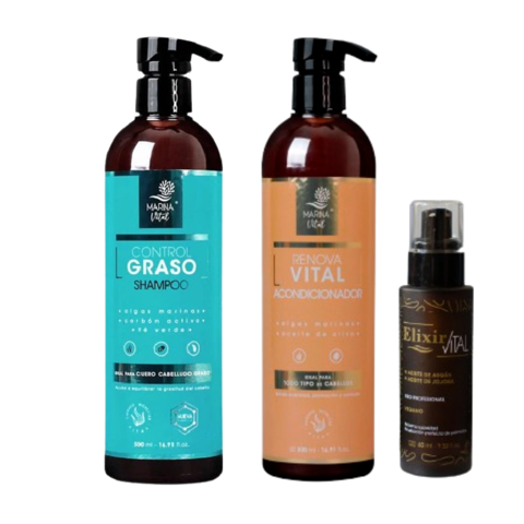Shampoo Control Graso, Acondicionador Y Serum Elixir Marina Vital