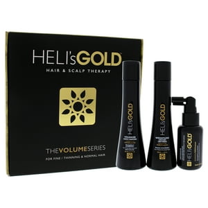 Helis Gold - Kit Viaje Serie Vol. Unisex: Acond. Ligero 3 Pzas 3,3 Oz, Champú Vol. 3,3 Oz, Antíd. Cuero Cab. 1,7 Oz Y Revit. Cabello.