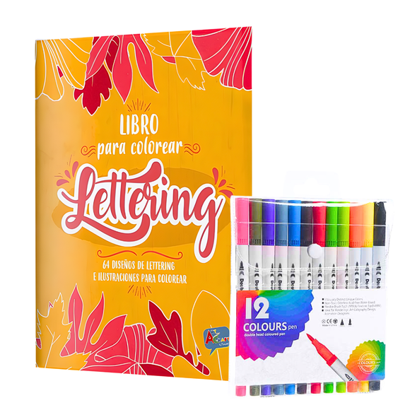 Set Libro Lettering 64 Páginas + 12 Plumones Doble Punta