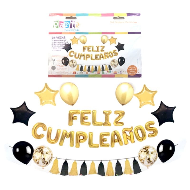 Party Express - Set Globo Feliz Cumpleaños Dorado Y Negro 25 Piezas
