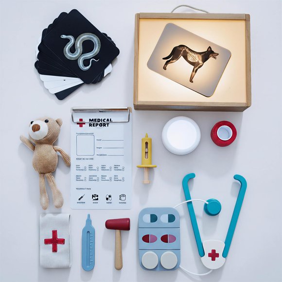 Kit médico veterinario Macabaka para niños pequeños con caja de rayos X de madera