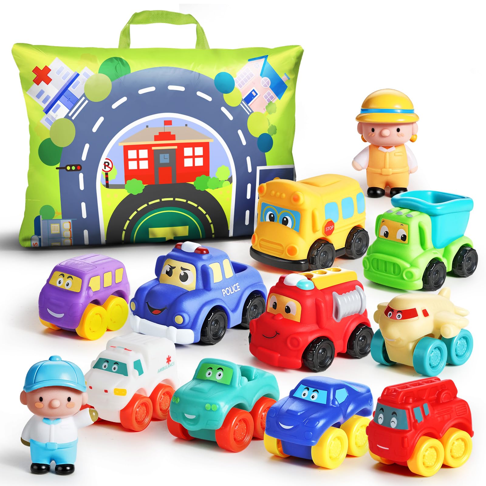 Juego De Juguetes Para Coche Alasou De Goma Blanda Para Niños De 1 Año Con Tapete Y Bolsa, 12 Unidades