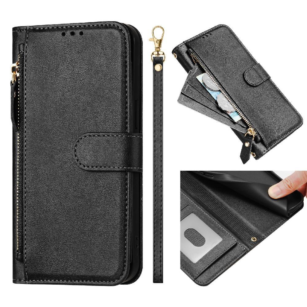 Foxdock - Funda Tipo Billetera Para Tcl 503 Con Cremallera Portatarjetas Soporte Correa De Muñeca Cuero Negro