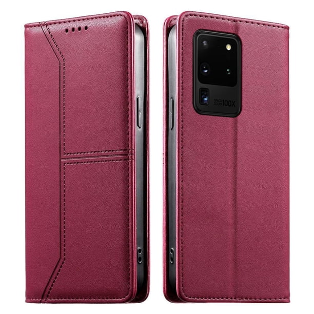 Funda tipo cartera con bloqueo RFID para Samsung Galaxy S20 Ultra cubierta magnética de cuero con tapa y soporte Rojo