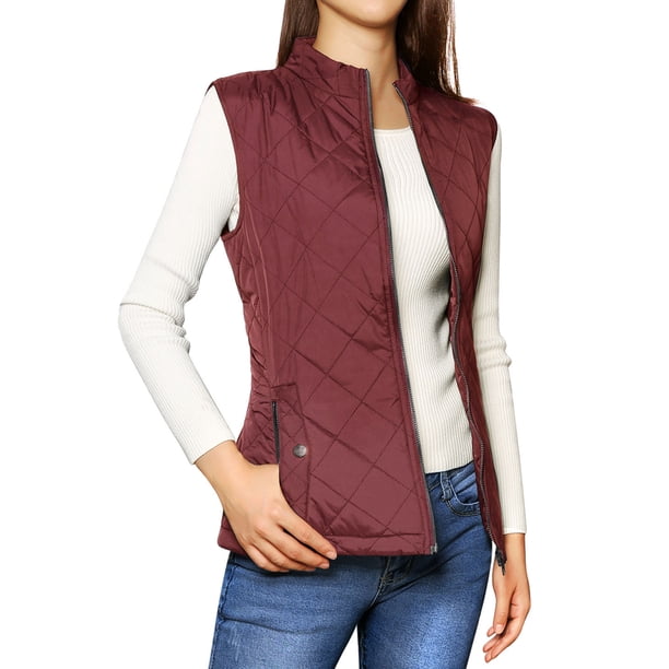 INSPIRE CHIC Chalecos de Abrigo para Mujer Cuello Alto Chaleco Acolchado con Cremallera Rojo Vino XL