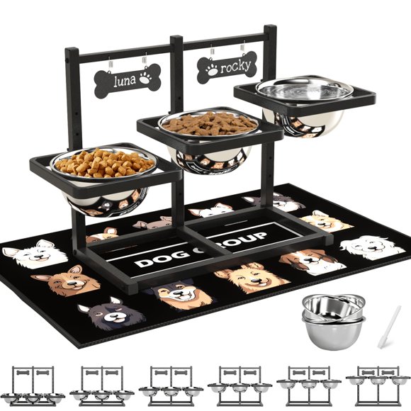 Shainfun Tazones Elevados para Perros Medianos y Grandes con Alfombra, 6 Niveles de Altura Ajustables, Tres Tazones Grandes de Acero Inoxidable de 58 oz