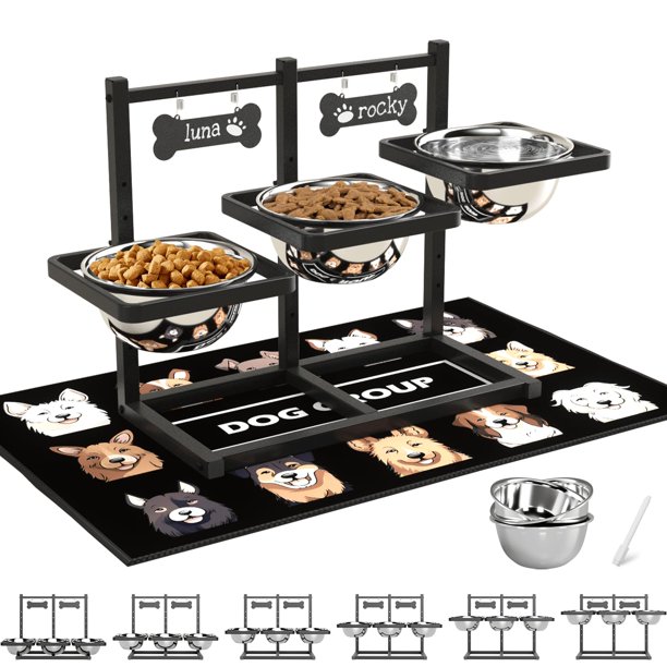 Shainfun Tazones Elevados para Perros Medianos y Grandes con Alfombra, 6 Niveles de Altura Ajustables, Tres Tazones Grandes de Acero Inoxidable de 58 oz