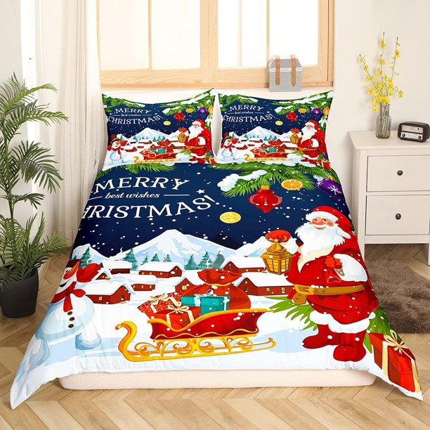 Xmas Bedding Sets Scandinavian Christmas Santa Gnomes Comforter Cover Snowing Santa Claus Bedding Sets for Kids Boys Girls Romantic Candlelight Quilt Cover 3 Pieces Queen Size