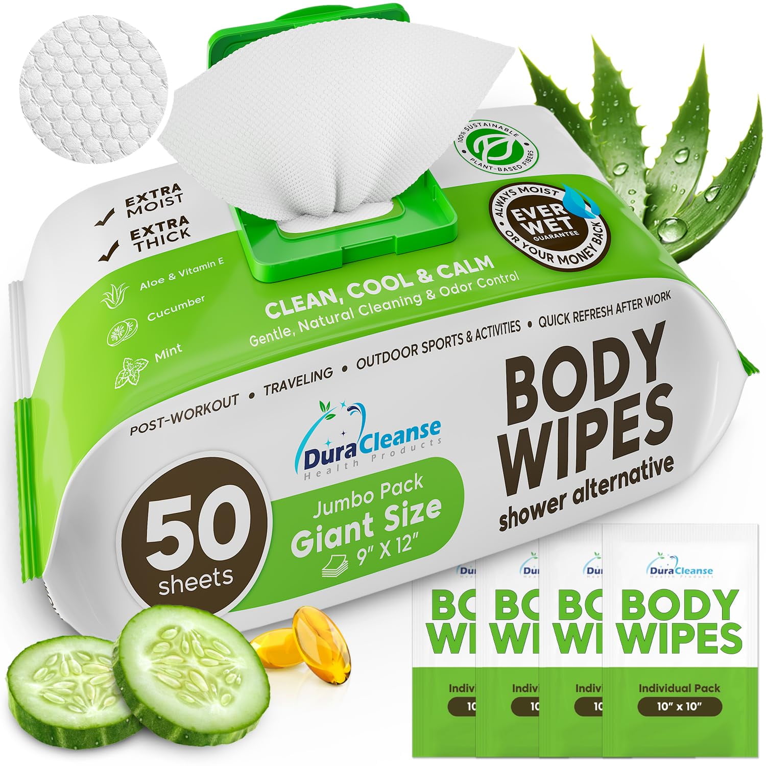 Toallitas Corporales Duracleanse, Extra Húmedas, Sin Enjuague, Para Bañarse, 50 Xl