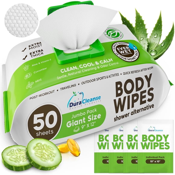 Toallitas corporales Duracleanse, extra húmedas, sin enjuague, para bañarse, 50 XL