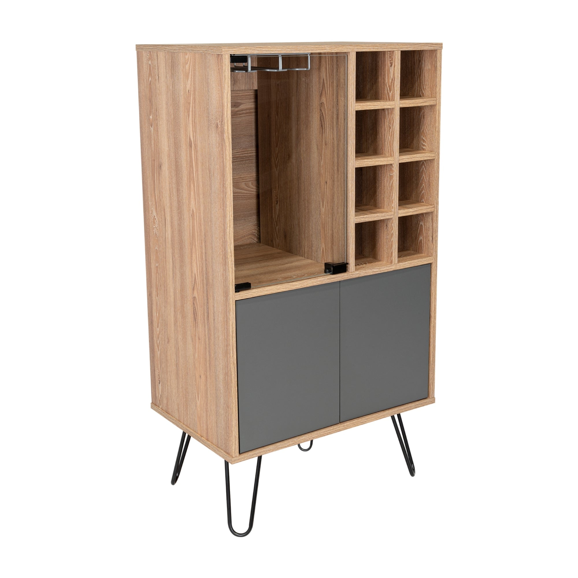 Fmfurniture - Bar Bajo 8 Botelleros Puerta De Vidrio Fm-001c Café Claro Y Plomo