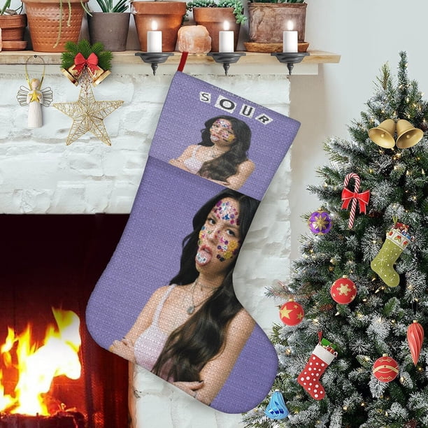 Olivia Rodrigo Tema: Calcetines de Navidad, fino lino blanco para colgar en escaleras y chimenea, decoración navideña para el hogar, regalo de Navidad. 54cm × 38cm