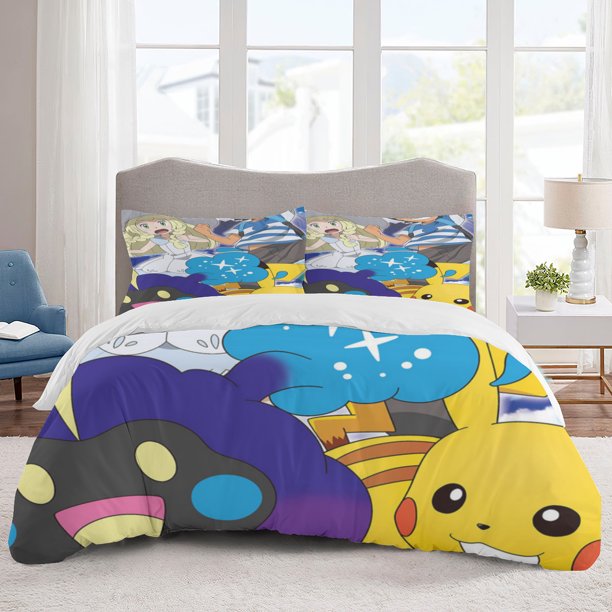 Poke mon Bedding Sets Cartoon Duvet Cover Lightweight 3 Piece Bet Sets for Kids Boys Girls