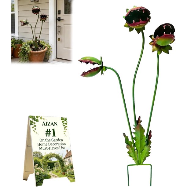 Estaca jardín planta carnívora metal caprichosa 63cm Venus atrapamoscas resistente 2 uds