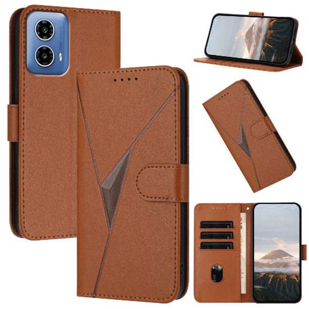 Funda Cartera Fibra de Carbono para Motorola MOTO G34 con Soporte y Cierre Magnético Marrón