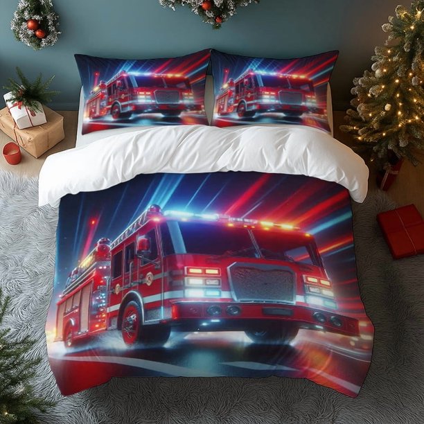 3pcs Firefighter Hero Nighttime Fire Truck Theme Printed Polyester Bedding Set | All-Season Ideal for Home/Bedroom