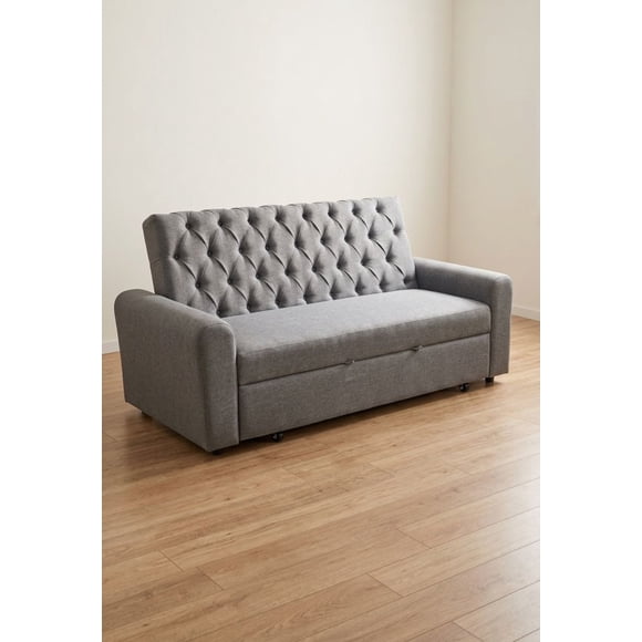 Sofa cama Capitoné Camila de 185cm color Gris Oscuro Lino, 2 puff y 2 cojines de 40*40