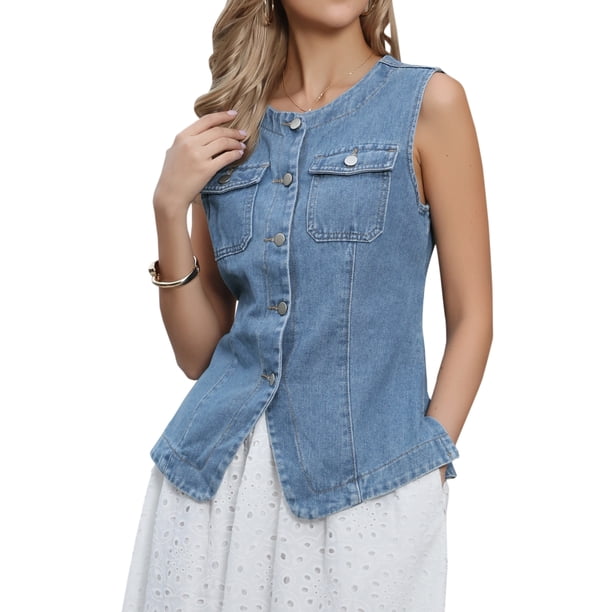 Chaleco de mezclilla para mujer con cuello redondo y botones, chaleco corto de mezclilla azul, talla M