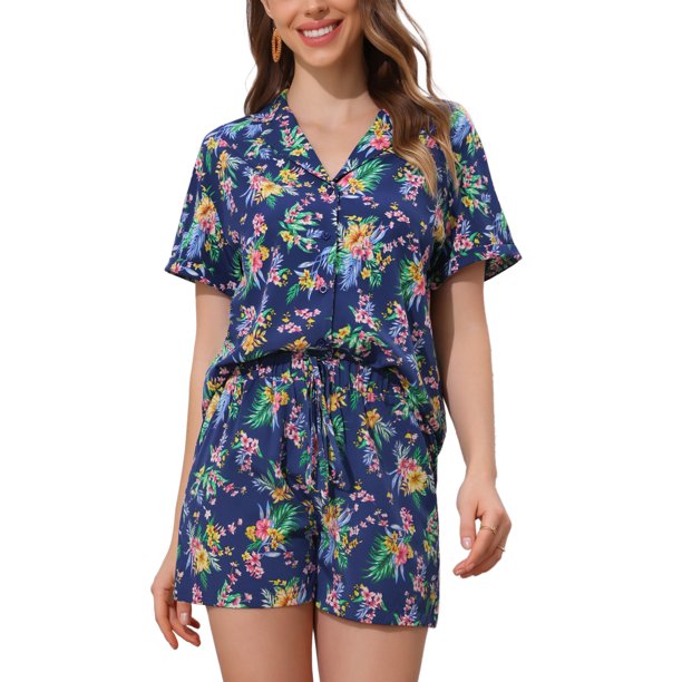 Conjuntos hawaianos para mujeres de regreso a clases 2 piezas camisa con botones y pantalones cortos florales trajes casuales de playa para vacaciones tropicales 2026 L Azul Real