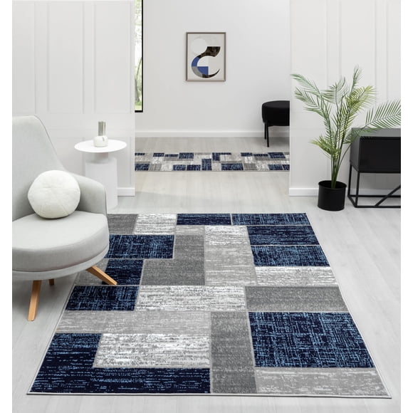 Alfombra L'Baiet Verena, geométrica, azul y gris, 60 cm x 180 cm