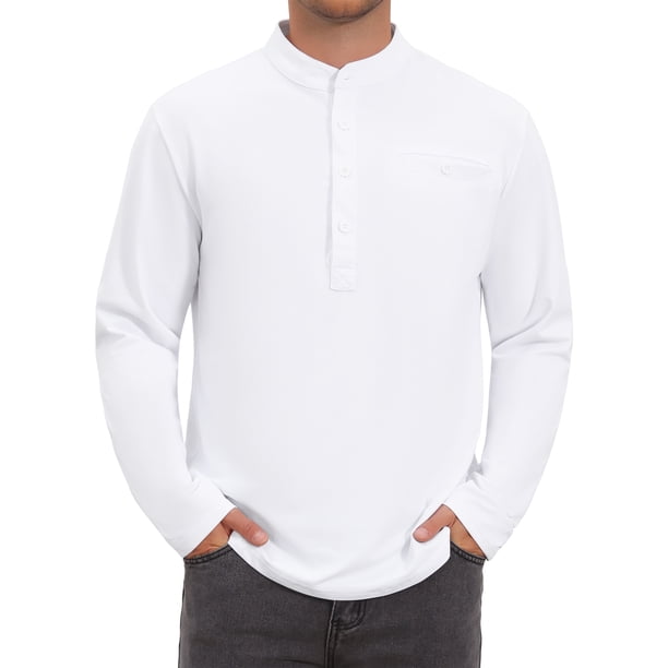 INSPIRE CHIC Camisetas Henley de Hombre Manga Larga con Botón y Bolsillo en el Pecho Camiseta Casual L Blanco
