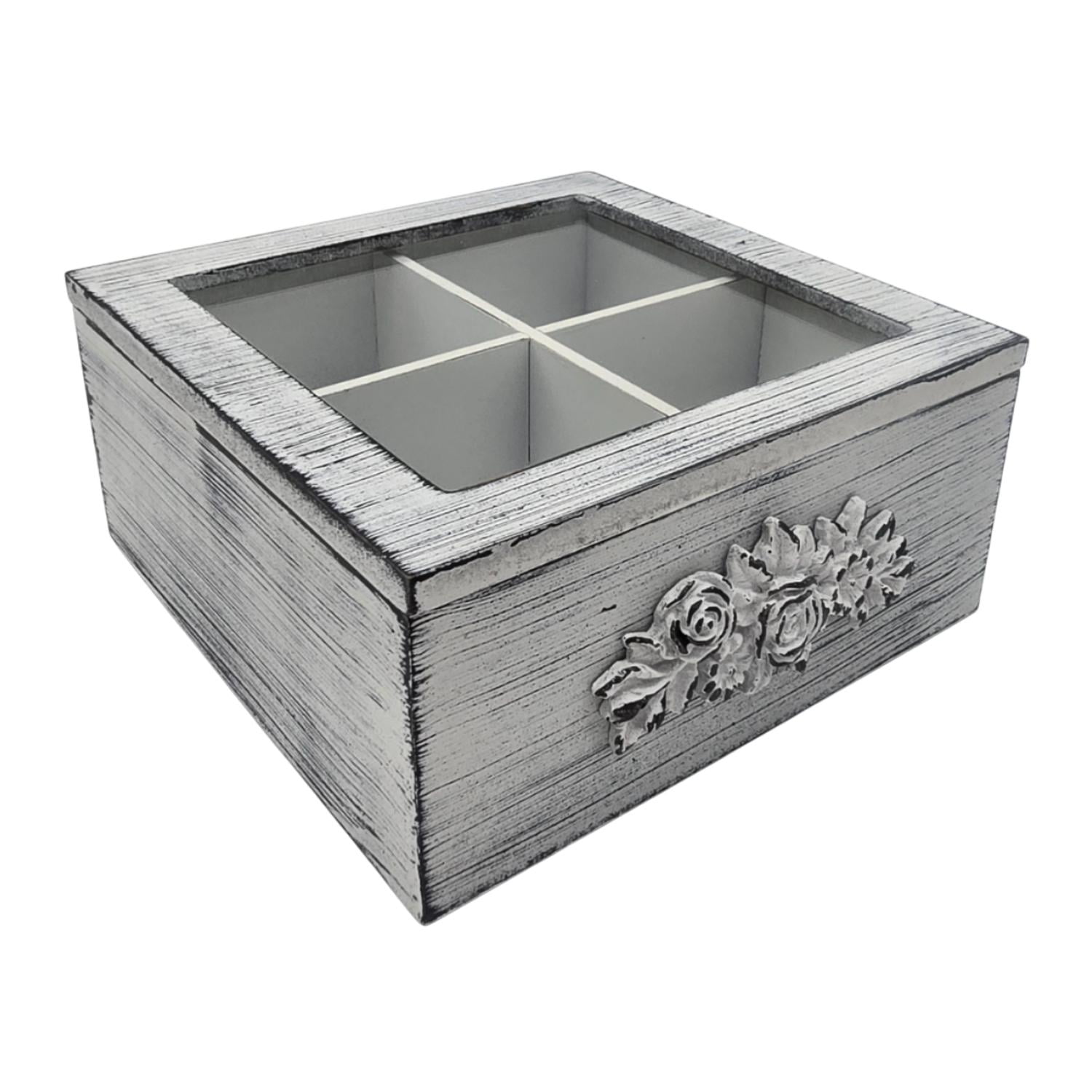 Fliperex - Caja De Te Porta Te Caja Para El Te Gris 4 Divisiones Gris
