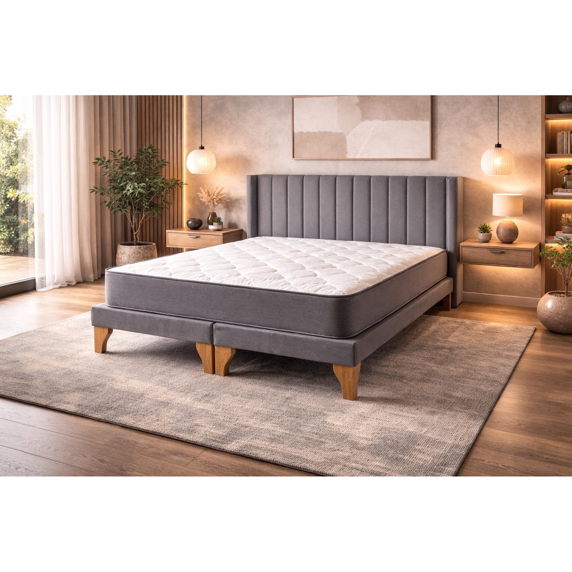 Genérico - Cama Europea 2 Plazas Colchón Híbrido Bonnell Base Dividida Respaldo Gris