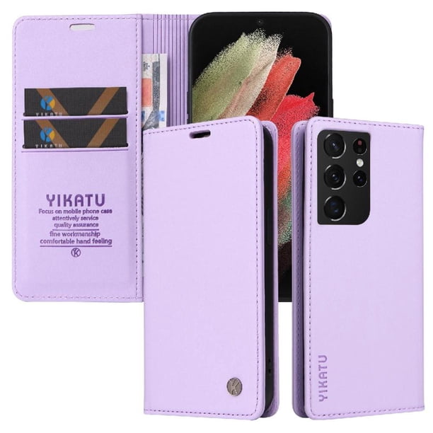 Funda Billetera de Cuero para Samsung Galaxy S21 Ultra con Tarjetero y Soporte - Tapa Magnética Morado
