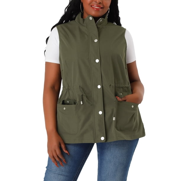 Agnes Orinda Chaquetas de Chaleco sin Mangas con Anorak de Talla Grande para Mujer con Cremallera, Botón y Cintura con Cordón 3X Verde Militar