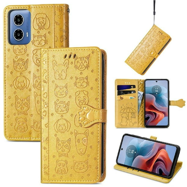 Funda Cartera FOXDOCK para Motorola Moto G34 , Flip PU con Relieve de Gatos y Perros, Tarjetero y Soporte