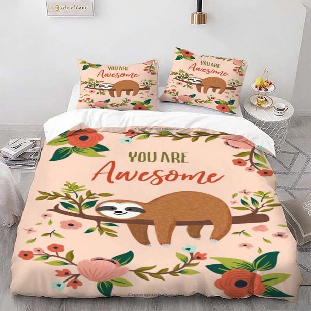 Sloth You Are Awesome Themed Bedding Set Duvet Cover and Pillowcase Set Soft and Comfortable