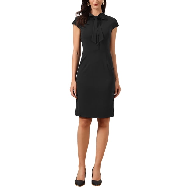 INSPIRE CHIC Vestido de Trabajo para Mujeres con Lazo en el Cuello, Botones, Mangas Cortas, Cremallera Lateral, Vestido Elegante de Tubo S Negro