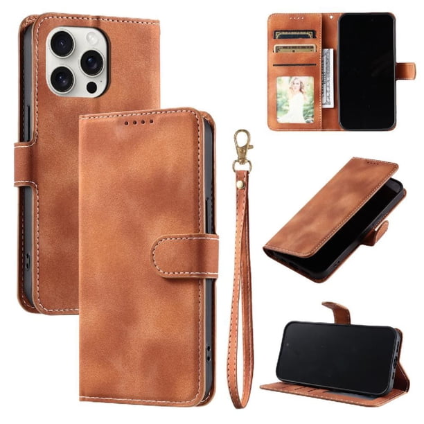 Funda Cartera para iPhone 14 Pro Tapa con Ranuras, Soporte y Correa Marrón