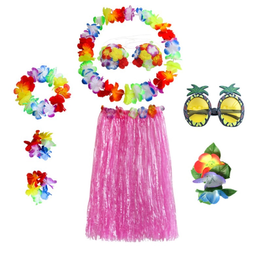 Conjunto De Disfraz De Falda De Hierba Para Fiesta De Baile Divertido Hawaiano Rosa 80 Cm