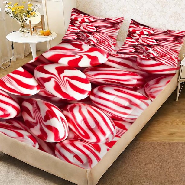 Red and White Candy Duvet Cover Set - Fitted Sheet and Pillowcase Set Bedding Set | 1 Fitted Sheet + 2 Pillowcases (No Pillow Inserts) | Double/Full/Queen/King