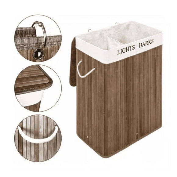 Cesto Canasto De Bambu Para Ropa Doble 65cm Grande Con Tapa Oscuro