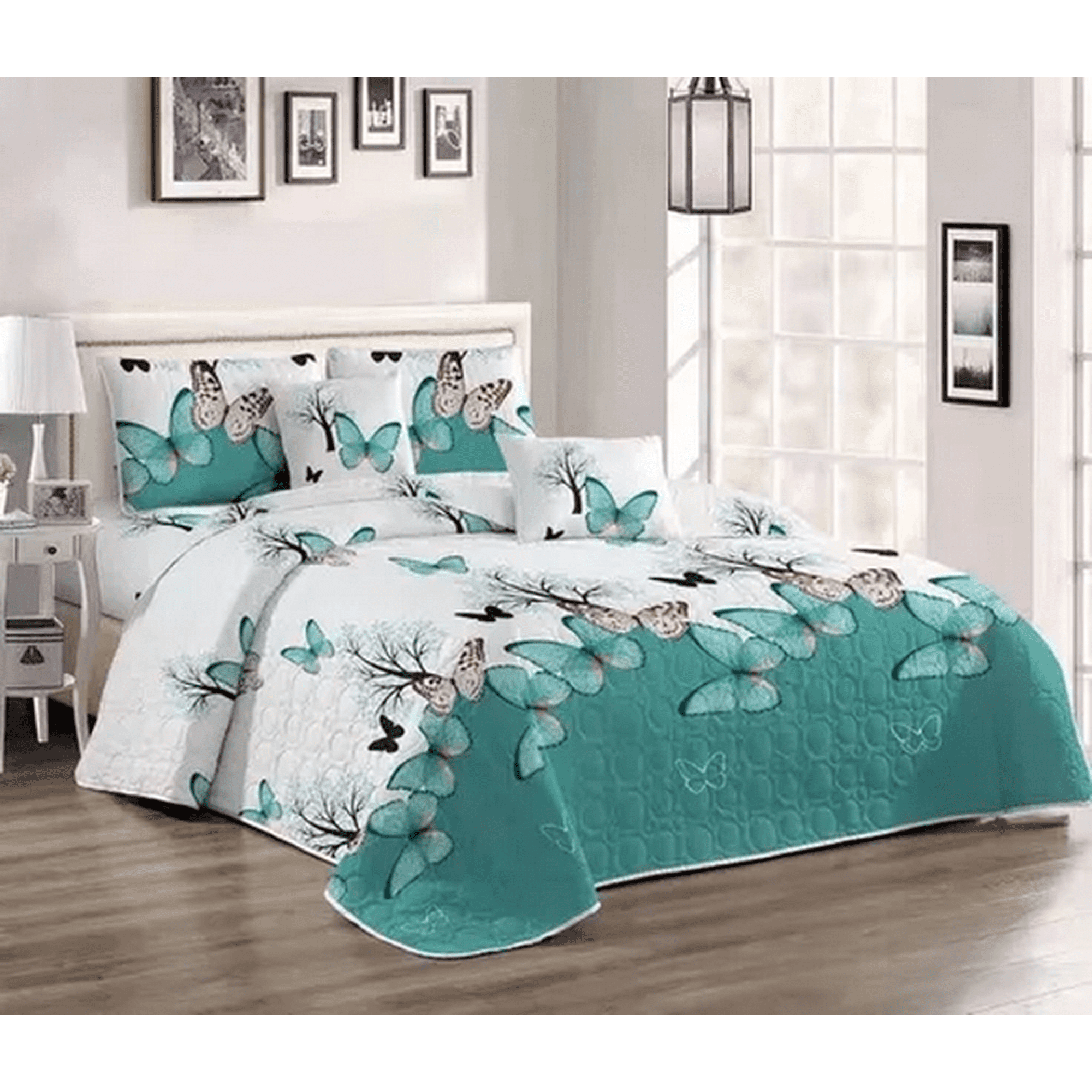 Genérico - Quilt Verano Blanco Mariposas Verdes King/super King