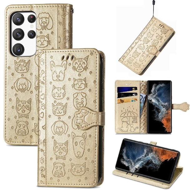 Funda Cartera FOXDOCK para Samsung Galaxy S23 Ultra , Flip PU con Relieve de Gatos y Perros, Tarjetero y Soporte