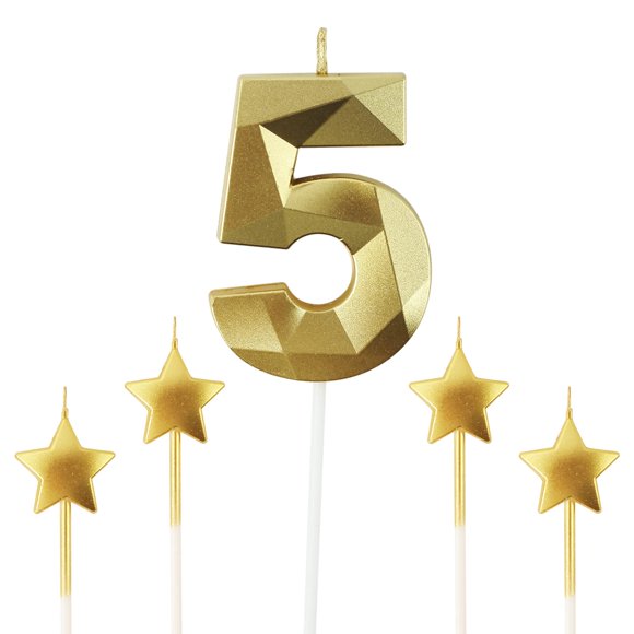 Vela NIJGNSUG 3D Diamante Número 5 y Estrellas Doradas