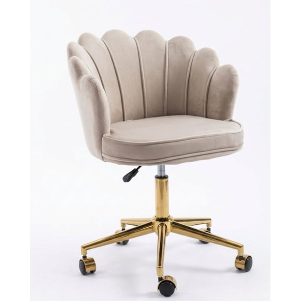 Silla De Escritorio Ostra Acolchada Felpa Base Giratoria Dorada - Gris