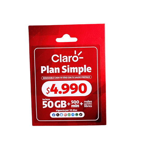 Chip Claro Plan Simple / 50Gb + 500 Minutos + Redes / 30 Días