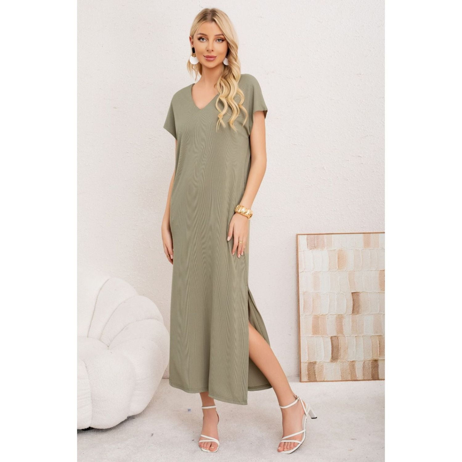 Likeshop - Vestido Largo Mujer Recto Escote V Bolsilos Manga Corta 3378