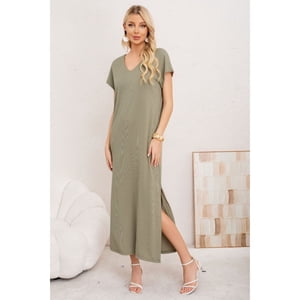 Likeshop - Vestido Largo Mujer Recto Escote V Bolsilos Manga Corta 3378