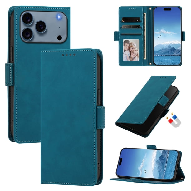 Funda Billetera Delgada para iPhone 17 Pro Max con Ranuras y Soporte Azul lago