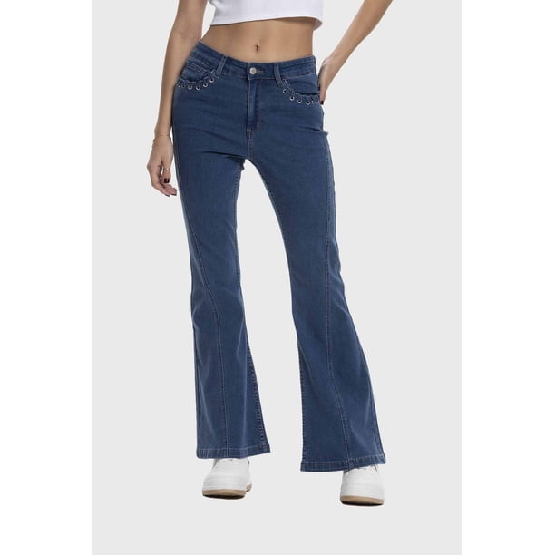 Jeans Mujer Flare Ojetillo Azul