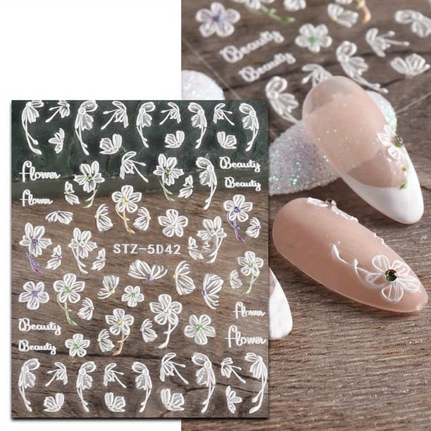Flower Nail Art Stickers Acrylic 5D Hollow Exquisite Pattern Nail Decals Nails Art Supplies Gradient Pink White Floral Lace Manicure Nail Art Decoration Self-Adhesive Nails For Women Girls