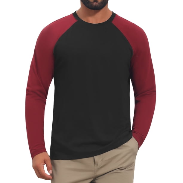 INSPIRE CHIC Camiseta de Hombre Raglán de Manga Larga Cuello Redondo Contraste Camisetas de Béisbol XL Negro Rojo